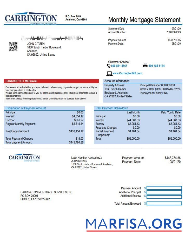 Realistic USA Carrington Mortgage Services bank statement word example
